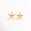 Aretes Stella en forma de estrella de mar dorada con textura rugosa y orgánica, vista frontal sobre fondo blanco, Par de topos de playa de 3.6 x 3.7 cm enchapados en oro 18K con acabado PVD en forma de estrella marina, Vista de frente de aretes marinos de acero inoxidable dorados con relieve poroso de estrella de mar, Aretes estilo stud costero en tono oro cálido con silueta realista de estrella marina sobre superficie neutra.