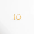 Aretes Doré Hoops de acero inoxidable con recubrimiento en Oro 18K y diseño clásico tipo huggie sobre fondo blanco, Vista frontal de los Aretes Doré Hoops con acabado brillante en Oro 18K y diseño de aro pequeño, Aretes Doré Hoops con diseño minimalista de aro redondo y acabado dorado, Par de Aretes Doré Hoops elaborados en acero inoxidable con acabado en Oro 18K, Aretes Doré Hoops con diseño elegante de aro liso y acabado dorado brillante.