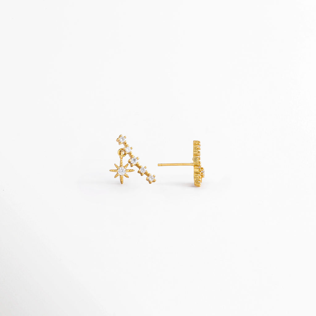 Vista lateral de los aretes Morea con diseño colgante de estrella en plata Ley 925 y zirconias, Perfil lateral de pendientes Morea con estrella colgante y recubrimiento en oro blanco 14K, Aretes de estrella con zirconias, vista lateral que muestra el sistema de poste y broche, Vista de perfil de aretes Morea elaborados en plata Ley 925 con acabado en oro blanco 14K, pendientes colgantes de estrella con zirconias, vista lateral del diseño y su estructura.