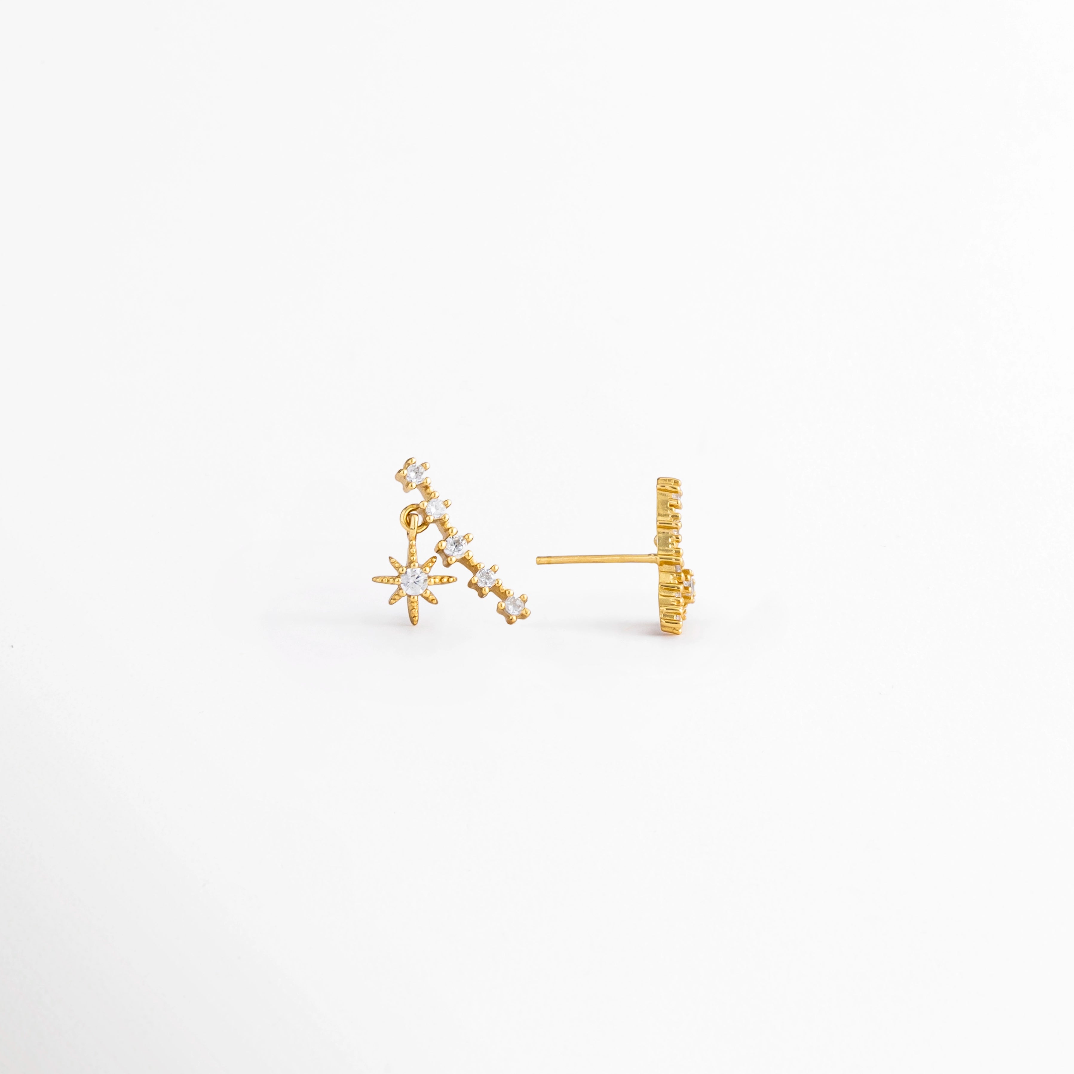 Vista lateral de los aretes Morea con diseño colgante de estrella en plata Ley 925 y zirconias, Perfil lateral de pendientes Morea con estrella colgante y recubrimiento en oro blanco 14K, Aretes de estrella con zirconias, vista lateral que muestra el sistema de poste y broche, Vista de perfil de aretes Morea elaborados en plata Ley 925 con acabado en oro blanco 14K, pendientes colgantes de estrella con zirconias, vista lateral del diseño y su estructura.