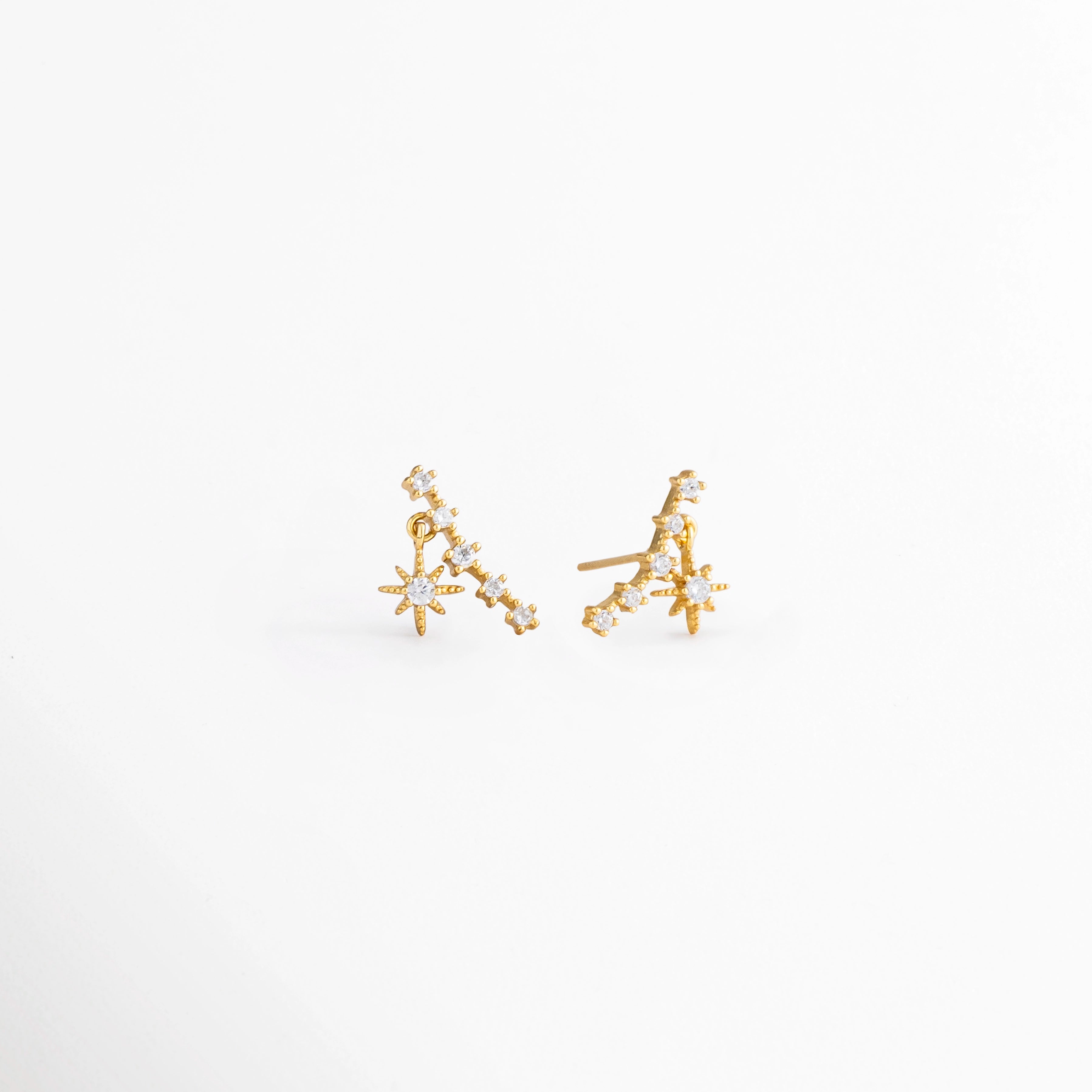 Vista posterior de los aretes Morea con broche de presión y diseño colgante de estrella, Parte trasera de aretes Morea en plata Ley 925 con recubrimiento en oro blanco 14K, Aretes de estrella con zirconias, vista trasera que muestra el poste y broche, Vista posterior de pendientes Morea con acabado en oro blanco 14K y colgante de estrella, Detalle de la parte trasera de los aretes Morea de plata Ley 925 con sistema de cierre de presión.