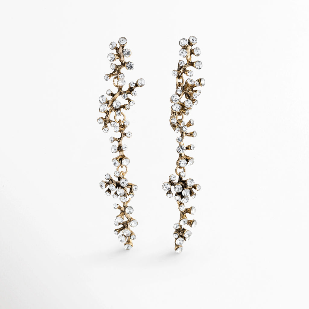 Vista en ángulo de los Aretes Laurel mostrando el relieve tridimensional de sus ramas con circonias e incrustaciones, Acercamiento en perspectiva de aretes largos de 9.5 cm con textura botánica de laurel y gemas transparentes, Toma en diagonal que destaca el ancho de 1.7 cm de las ramificaciones y el brillo de la pedrería, Muestra de la caída estilizada y ligereza visual de los aretes largos de acero inoxidable con circonias.