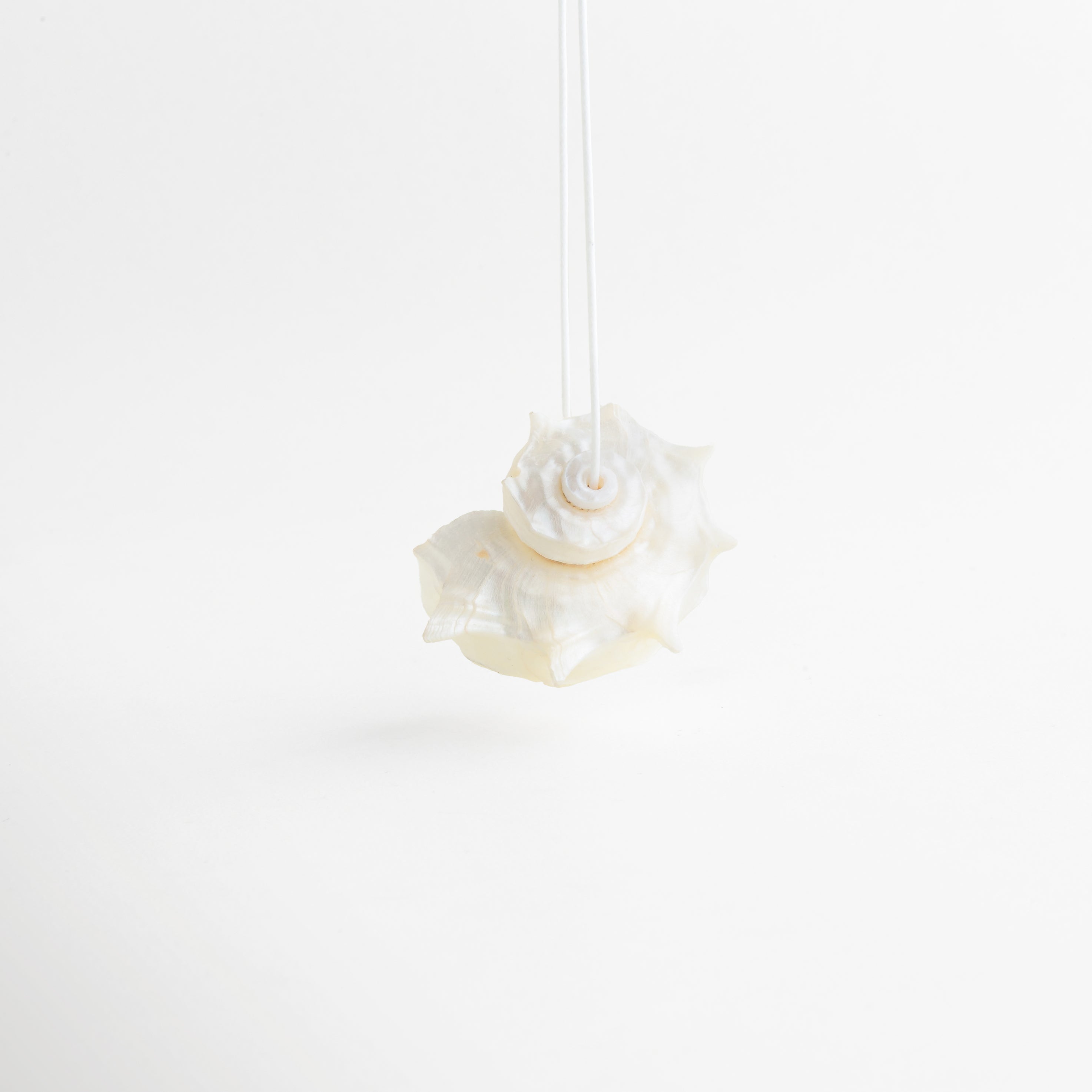 Detalle posterior del Collar Largo Oceana con dije orgánico de caracola y acabado natural, Vista trasera del colgante de caracola con textura marina y diseño artesanal elegante, Detalle del dije del Collar Oceana con forma orgánica y acabado inspirado en el mar, Parte posterior de collar largo con colgante de caracola y estilo sofisticado, Detalle de colgante natural de caracola con diseño statement y textura orgánica.