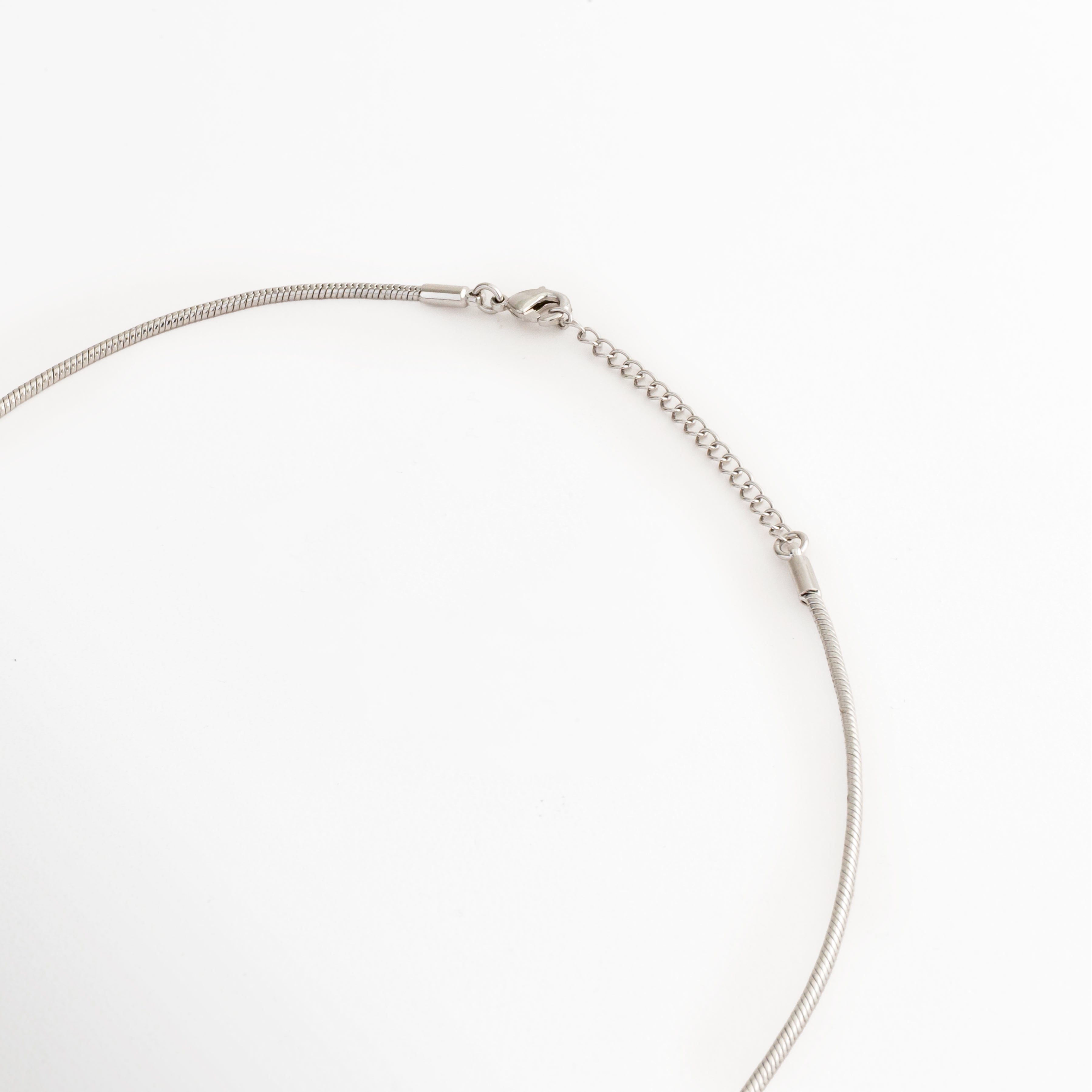 Detalle de la cadena del Collar Tigra con acabado en Oro Blanco y cierre tipo broche, Vista del broche y cadena del Collar Tigra elaborada en cobre con recubrimiento en Oro Blanco, Detalle del cierre del Collar Tigra con cadena fina y acabado brillante en Oro Blanco, Cadena del Collar Tigra con extensión ajustable y acabado en Oro Blanco, Vista detallada de la cadena y sistema de cierre del Collar Tigra para mujer.