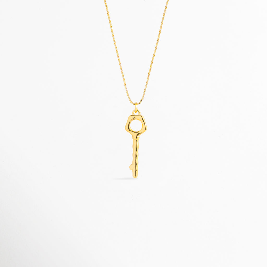 Collar Enig de acero inoxidable enchapado en oro 18K con dije de llave orgánica esculpida de 3.5 cm de largo, vista de frente sobre fondo blanco, Vista frontal de collar dorado con cadena serpentina delgada y dije de llave geométrica con cabeza calada, Plano general de collar fino enchapado en oro 18K con dije de llave de estética artesanal y superficie textura suave, Collar Enig destacando la silueta mística de la llave de 1 cm de ancho colgada de una cadena dorada