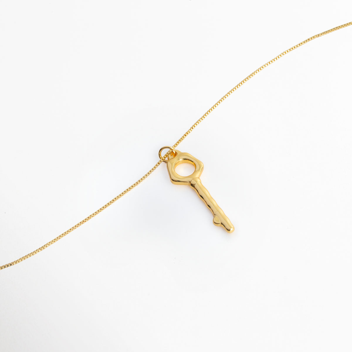Vista aérea en curva suave del Collar Enig con el dije de llave dorada reposando sobre fondo blanco, Toma extendida de la fina cadena serpentina mostrando la proporción y soltura del dije de llave de 3.5 cm, Muestra del brillo cálido del enchapado en oro 18K sobre la estructura lisa de acero inoxidable,  Acercamiento al flujo sutil de la cadena dorada y al pasador integrado del dije.  