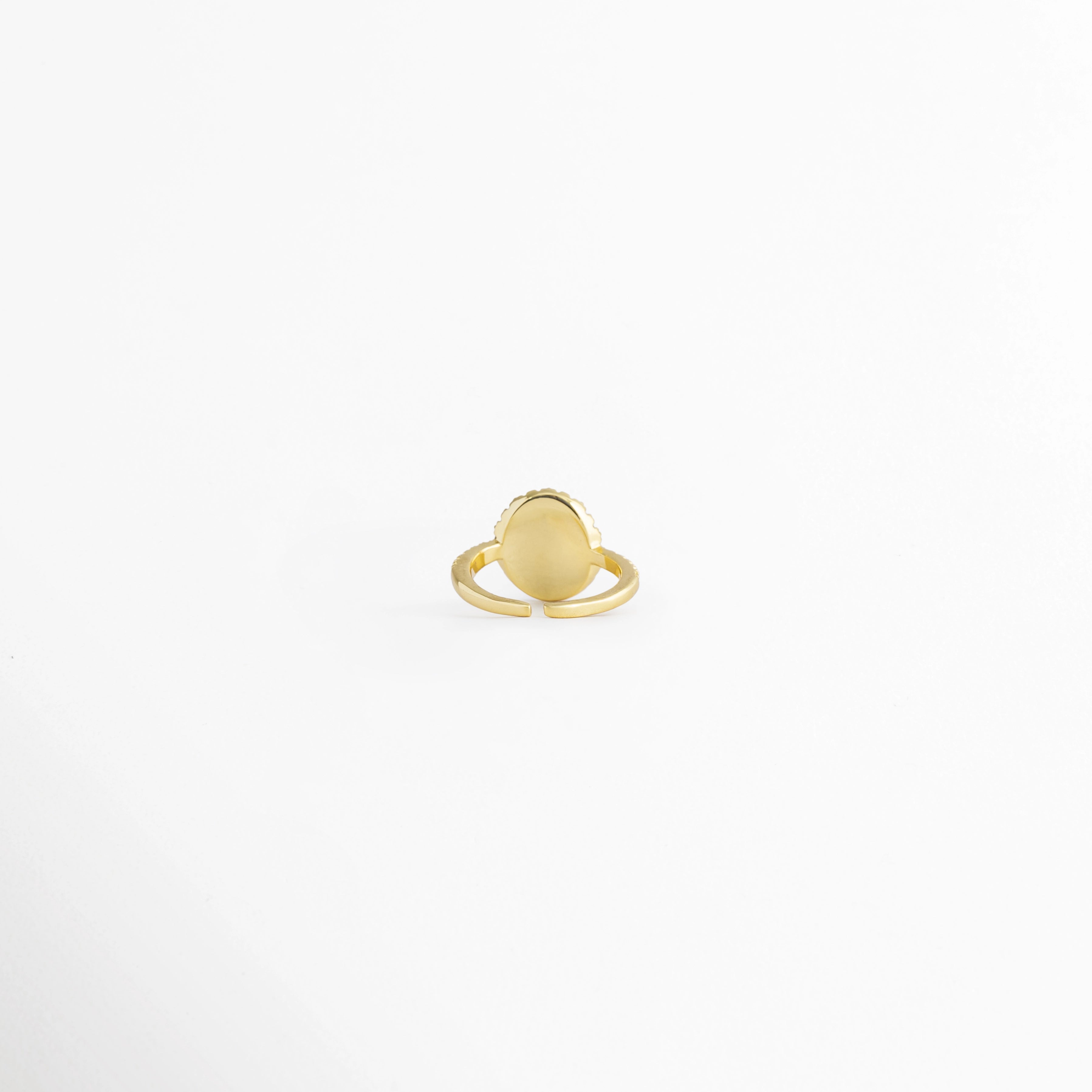 Vista superior del Anillo Elian con diseño floral e incrustaciones de zirconia, Anillo Elian visto desde arriba mostrando la flor de zirconias, Vista aérea del Anillo Elian con acabado dorado y diseño de flor, Anillo floral ajustable con zirconias, vista superior, Vista superior del Anillo Elian con detalle de pétalos de zirconia.