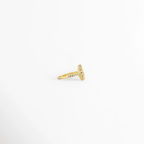 Vista lateral del Anillo Elian con diseño ajustable y flor de zirconias, Perfil del Anillo Elian elaborado en cobre con acabado metálico brillante, Anillo Elian visto de lado mostrando el relieve del diseño floral, Vista lateral del Anillo Elian con incrustaciones de zirconia, Perfil del Anillo Elian con acabado dorado y diseño de flor.