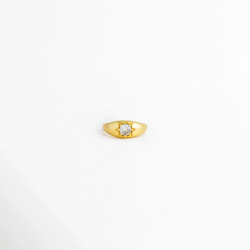 Anillo Sirius ajustable de cobre con recubrimiento pulido brillante y zirconia central, vista frontal, Anillo dorado Sirius con zirconia central y acabado brillante, vista frontal sobre fondo blanco, Vista frontal del Anillo Sirius con diseño minimalista y piedra de zirconia, Anillo ajustable para mujer con zirconia central y acabado dorado brillante, Anillo Sirius de cobre con incrustación de zirconia, vista frontal.