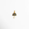 Charm Hongo Negro enchapado en oro 18K con sombrerillo de esmalte negro e incrustaciones de circonias multicolores, vista de frente sobre fondo blanco, Dije pequeño de hongo o seta con sombrero negro brillante, lunares de pedrería multicolor y talle estilizado dorado, Vista macro de charm en forma de hongo mágico de 2.1 x 1.2 cm enchapado en oro 18K con circonias en tonos azul, verde y blanco, Charm colgante místico de hongo negro con circonias incrustadas para cadena,