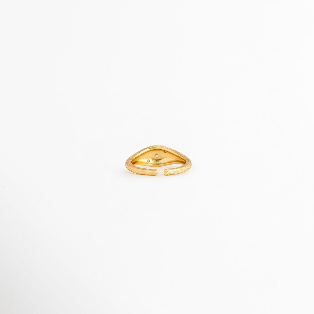 Vista superior de anillo Golden Solaris con zirconia, Anillo dorado ajustable de diseño elegante y moderno, Detalle superior de anillo con incrustación de zirconia, Anillo minimalista dorado con acabado brillante, Vista de anillo Golden Solaris con detalle central luminoso.