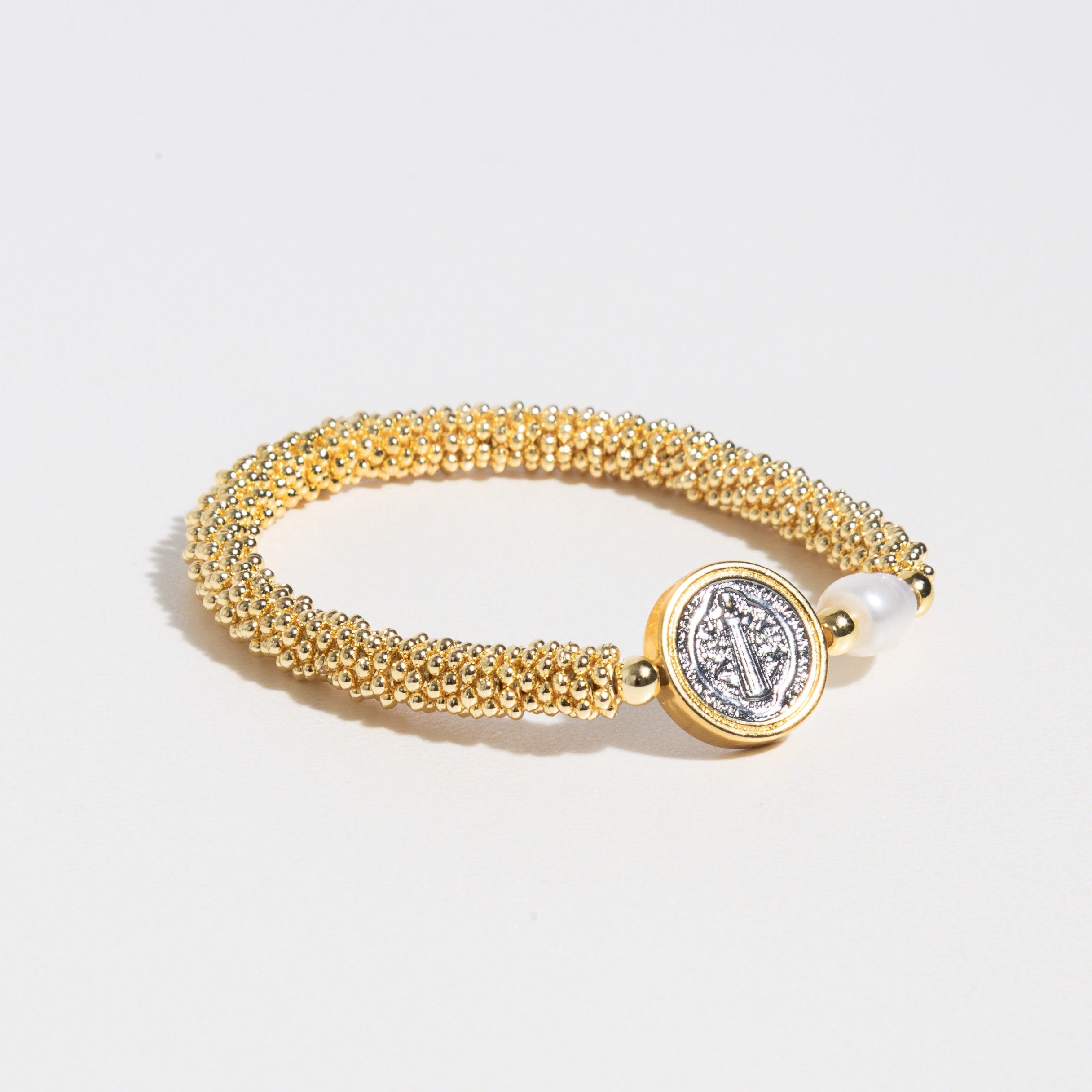 pulsera elastica religiosa, pulsera dorada con perla religiosa 