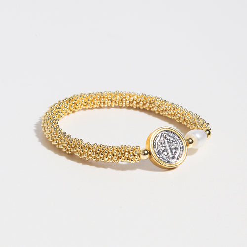 pulsera elastica religiosa, pulsera dorada con perla religiosa 