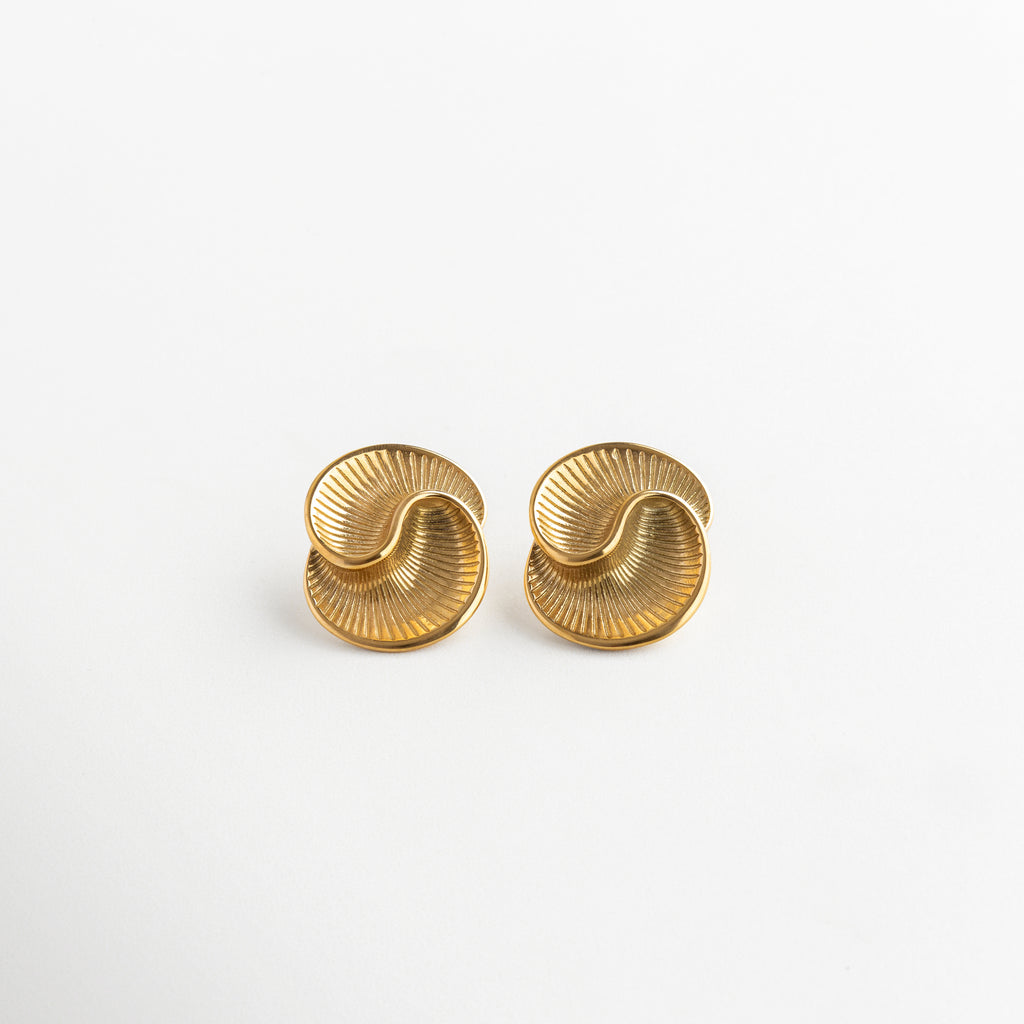 Aretes con diseño en espiral y acabado facetado, Par de aretes con forma ondulada y textura brillante, Aretes modernos en espiral que reflejan la luz, Joyería elegante con líneas curvas y estilo contemporáneo