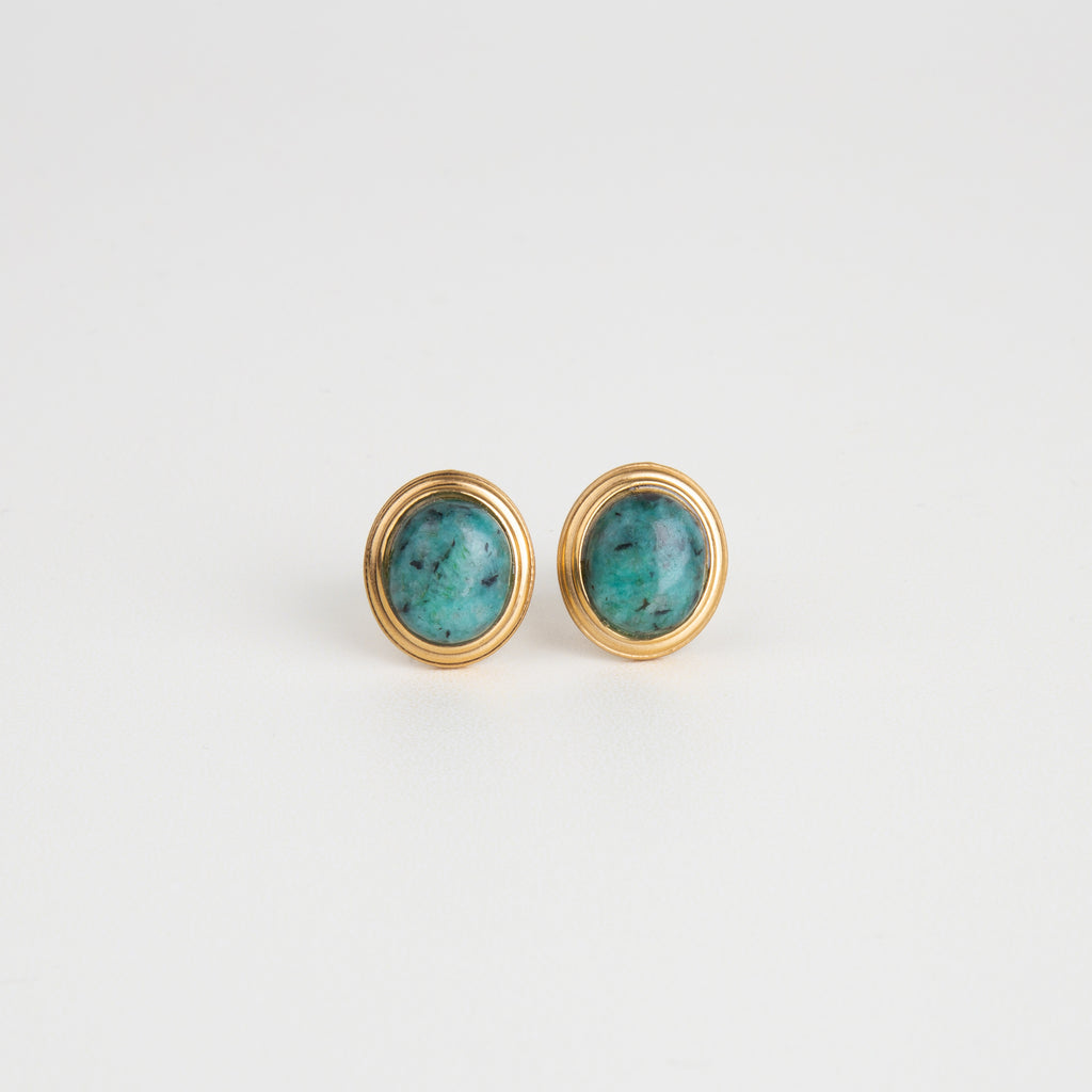 aretes redondos con piedra verde tipo turquesa, joyería, aretes elegante para mujer, accesorios modernos, aretes de acero inoxidable