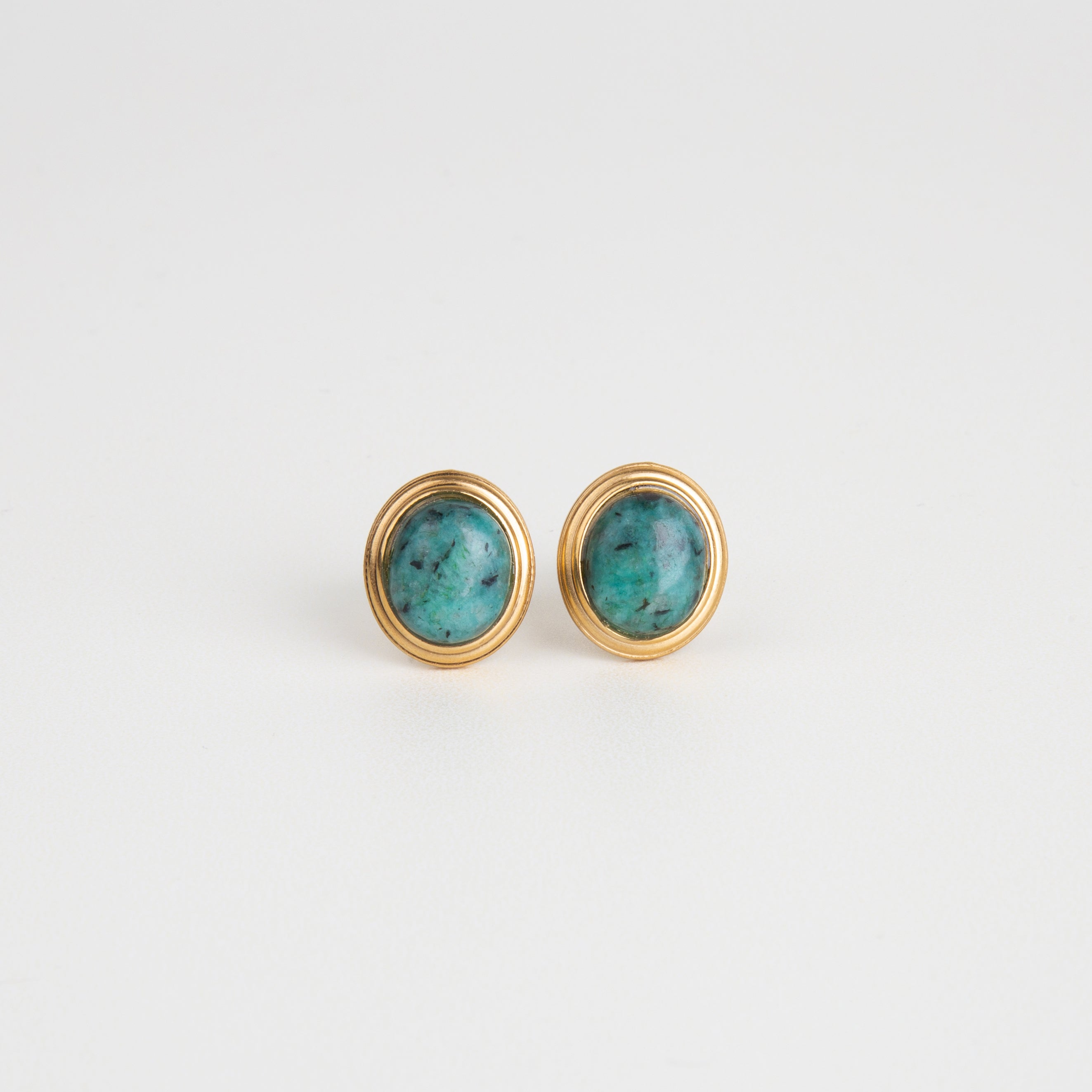 aretes redondos con piedra verde tipo turquesa, joyería, aretes elegante para mujer, accesorios modernos, aretes de acero inoxidable