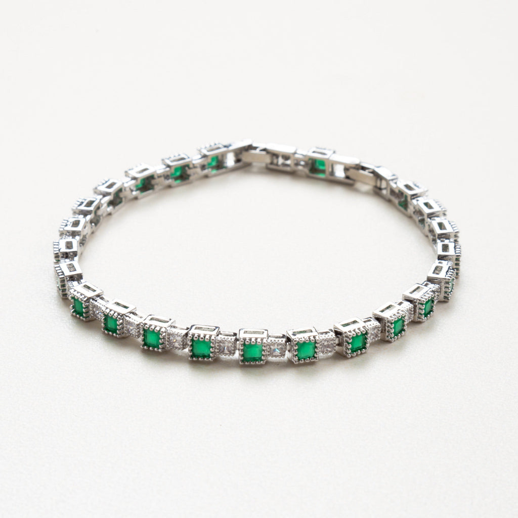 Pulsera de noche elegante, Pulsera con piedras verdes cuadradas, Accesorio glamuroso para mujer, Pulsera sofisticada verde, Pulsera tipo esmeralda elegante