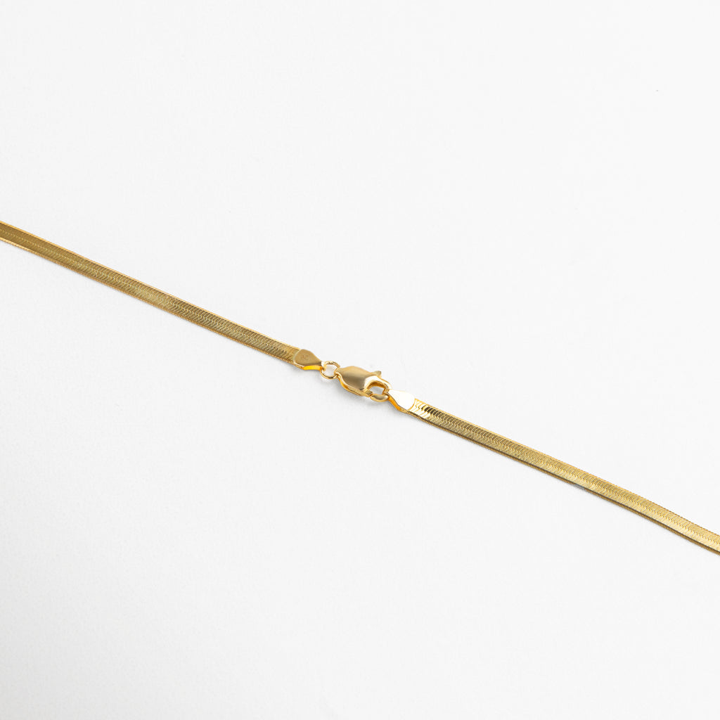 Collar Pressed Golden Aída dorado visto de perfil, con grosor delgado de 0.3 cm y caída elegante. Vista lateral del collar con acabado plano, mostrando su estructura fina y fluida. Perfil del collar dorado de 40 + 6 cm de longitud, ideal para un look refinado y versátil. Detalle lateral del collar planchado en tono dorado, con movimiento sutil y textura suave. Collar dorado visto desde un ángulo lateral, resaltando su diseño plano y acabado brillante