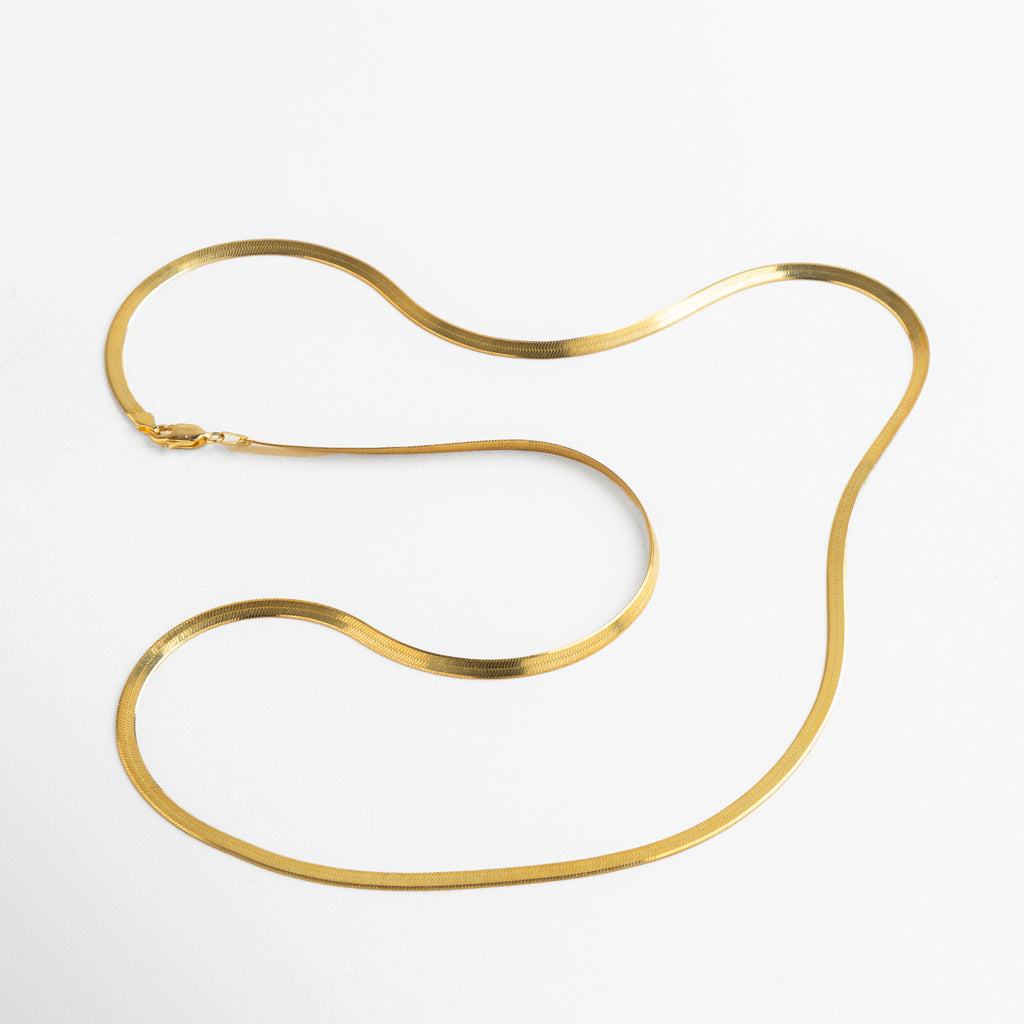 Collar Pressed Golden Aída dorado visto desde el frente, con acabado planchado brillante y diseño delgado y elegante. Vista frontal del collar enchapado en oro 18K, con cadena fina de textura lisa y estructura versátil. Collar dorado con acabado plano visto de frente, ideal para looks casuales o formales. Primer plano frontal del Collar Pressed Golden Aída, con diseño clásico y elegante. Collar dorado con cadena planchada visto desde el frente, destacando su sencillez y brillo sutil.