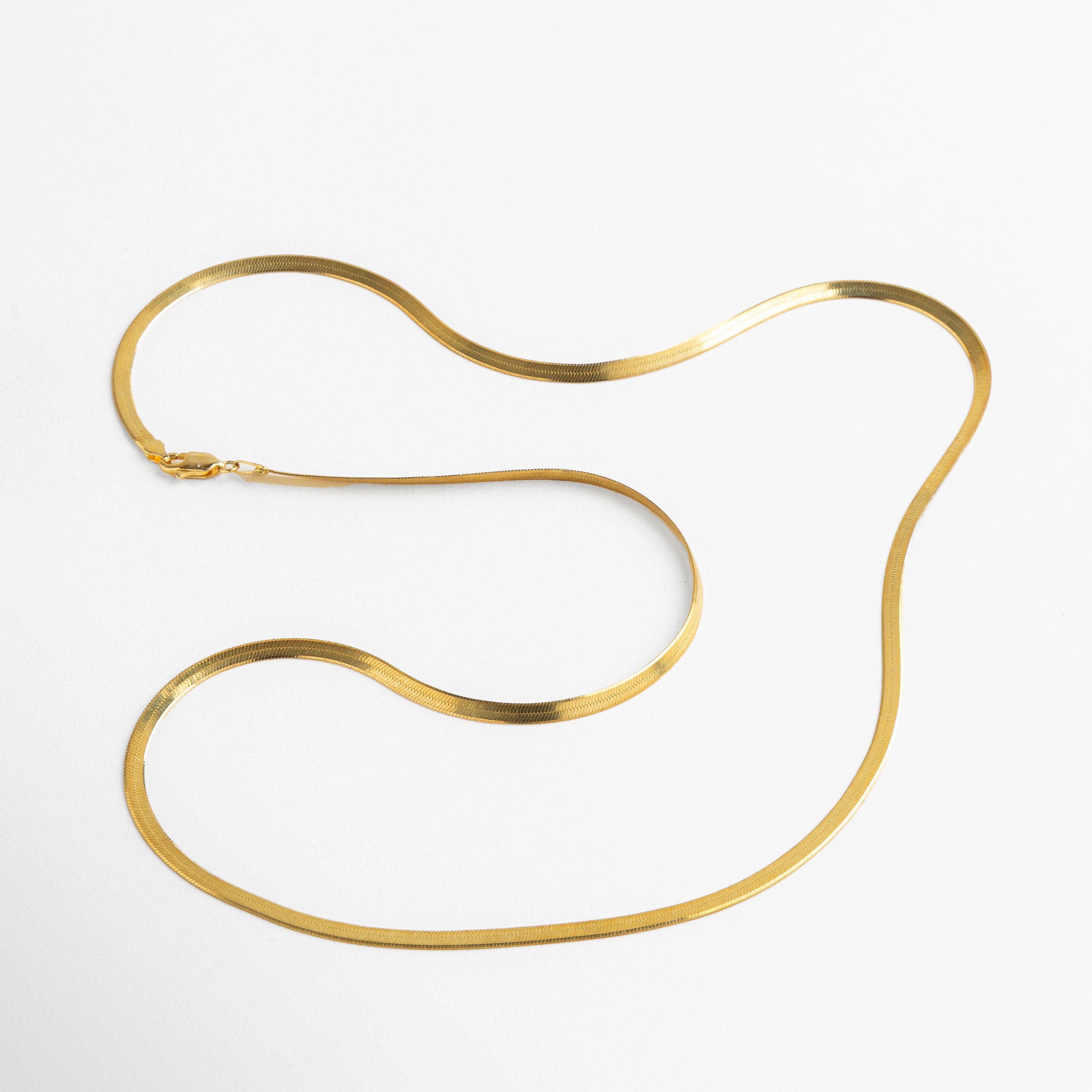 Collar Pressed Golden Aída dorado visto desde el frente, con acabado planchado brillante y diseño delgado y elegante. Vista frontal del collar enchapado en oro 18K, con cadena fina de textura lisa y estructura versátil. Collar dorado con acabado plano visto de frente, ideal para looks casuales o formales. Primer plano frontal del Collar Pressed Golden Aída, con diseño clásico y elegante. Collar dorado con cadena planchada visto desde el frente, destacando su sencillez y brillo sutil.