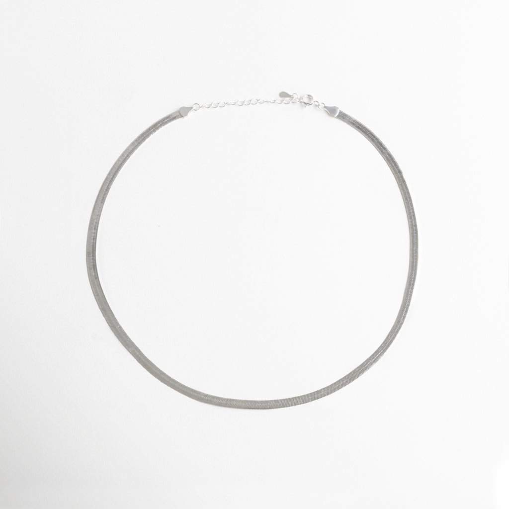 Collar Pressed Silver Aída visto de frente, con diseño planchado elegante y acabado plateado brillante. Vista frontal del collar minimalista en plata, ideal para looks casuales o formales. Collar plateado con acabado planchado, fotografía frontal completa sobre fondo neutro. Primer plano frontal del collar Pressed Silver Aída, mostrando su diseño elegante y sencillo. Collar en tono plateado con acabado planchado, vista frontal resaltando su estética atemporal.