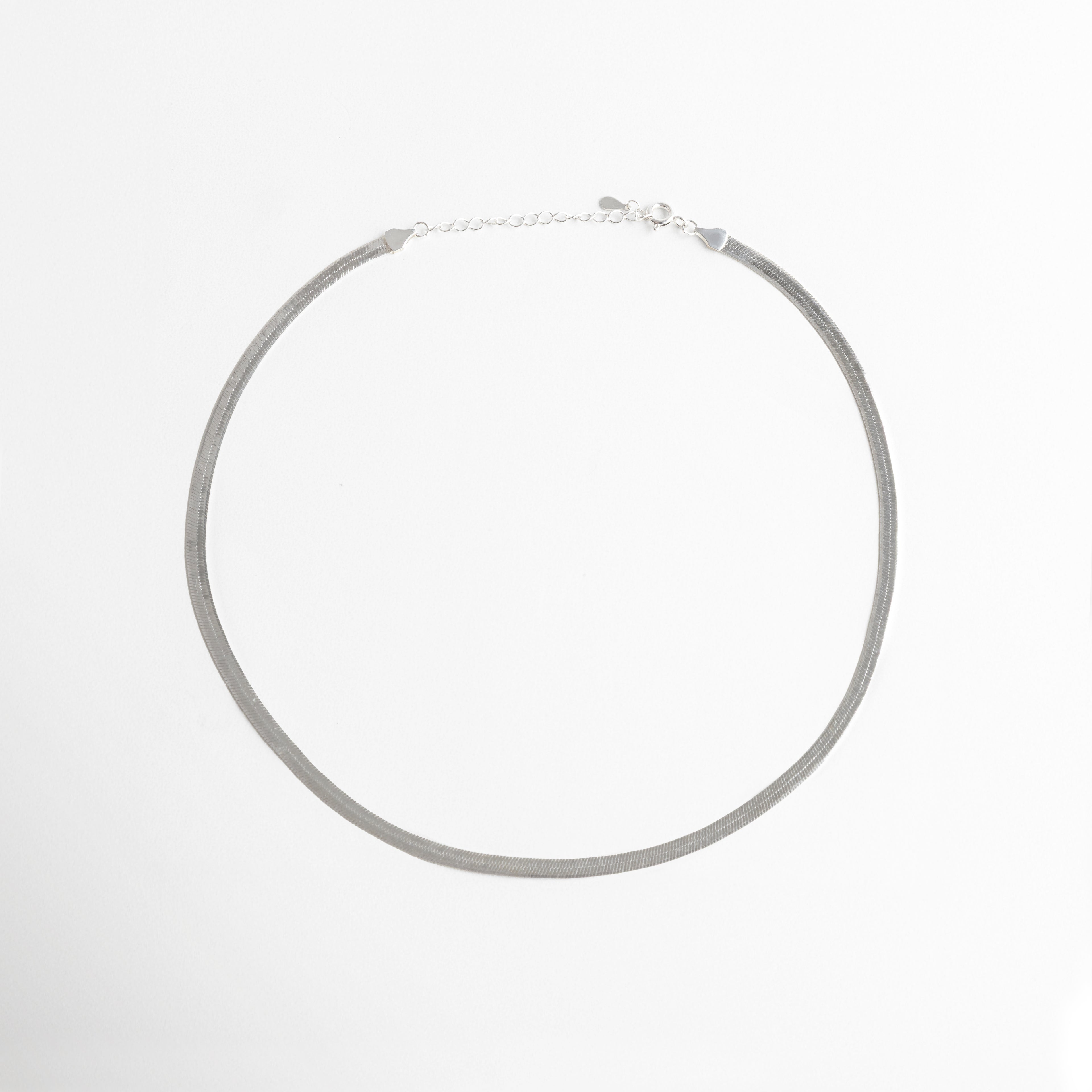 Collar Pressed Silver Aída visto de frente, con diseño planchado elegante y acabado plateado brillante. Vista frontal del collar minimalista en plata, ideal para looks casuales o formales. Collar plateado con acabado planchado, fotografía frontal completa sobre fondo neutro. Primer plano frontal del collar Pressed Silver Aída, mostrando su diseño elegante y sencillo. Collar en tono plateado con acabado planchado, vista frontal resaltando su estética atemporal.