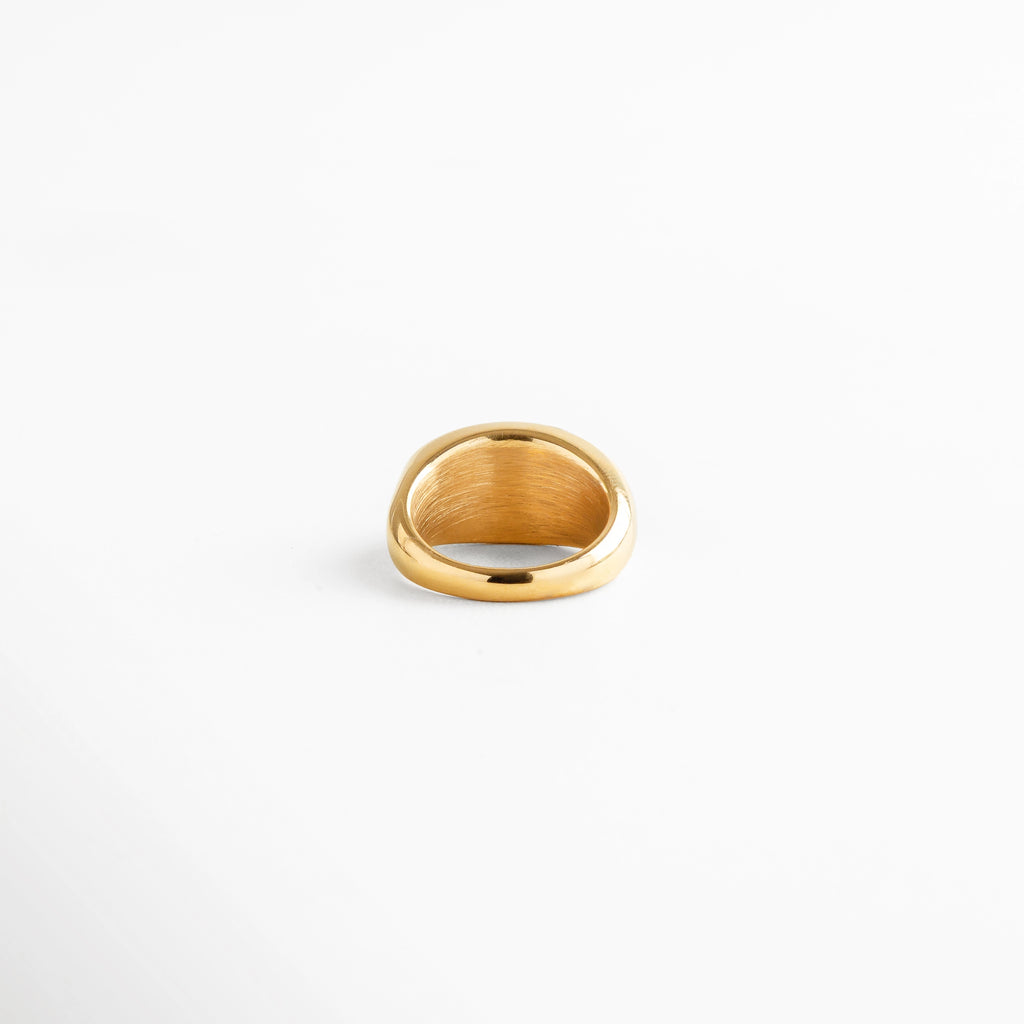 Anillo dorado de acero inoxidable con acabado pulido y piedra verde incrustada, diseño minimalista con aire sofisticado.