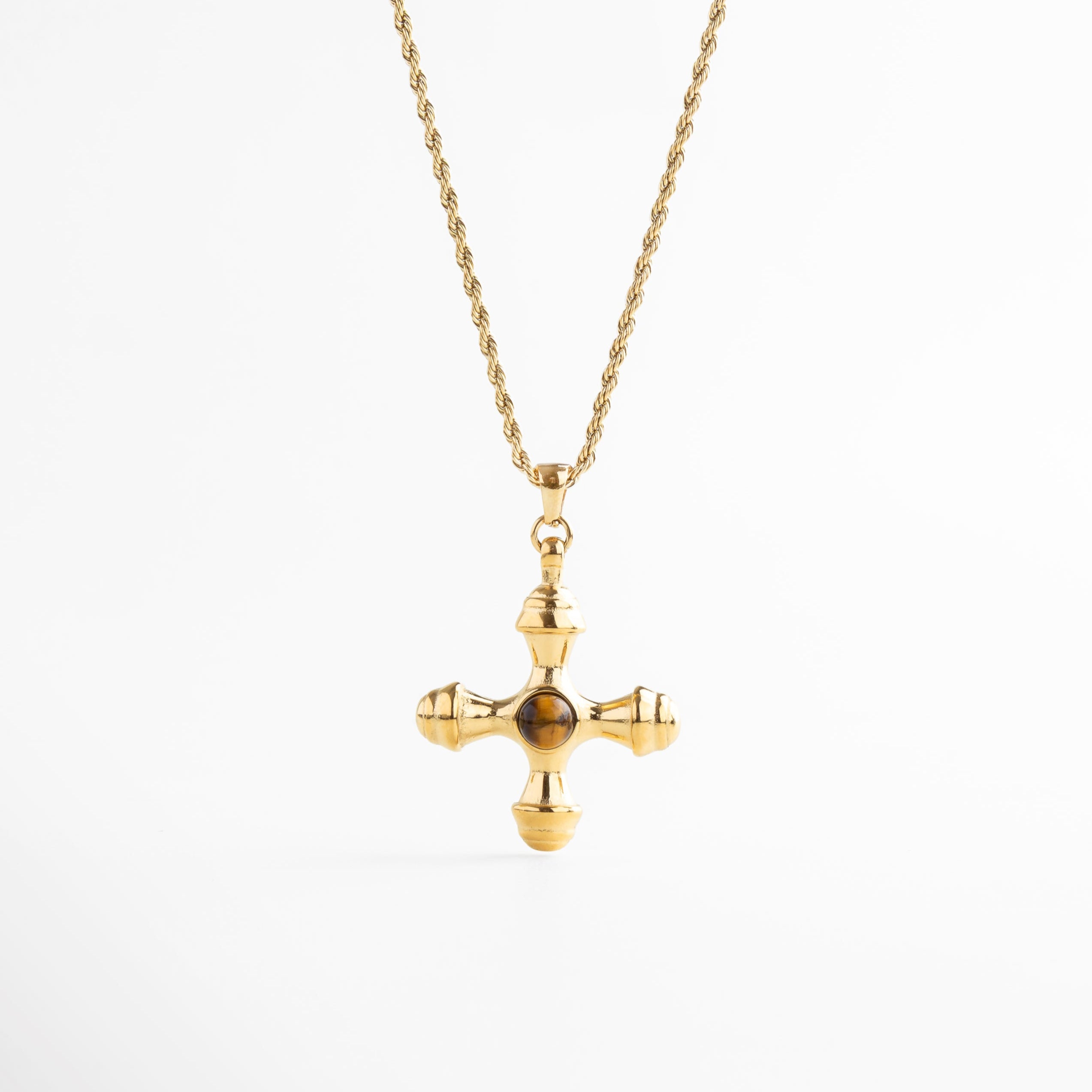 Collar dorado con cruz desestructurada y piedra Ojo de Tigre, Collar con dije de cruz irregular y piedra marrón veteada, Joya dorada con cruz moderna y centro de Ojo de Tigre, Collar chapado en oro con dije de cruz y piedra natural