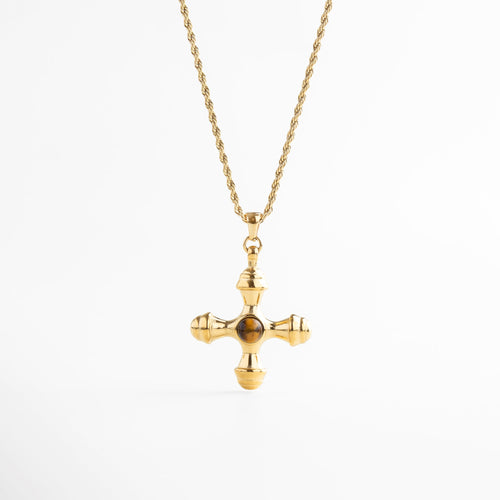 Collar dorado con cruz desestructurada y piedra Ojo de Tigre, Collar con dije de cruz irregular y piedra marrón veteada, Joya dorada con cruz moderna y centro de Ojo de Tigre, Collar chapado en oro con dije de cruz y piedra natural