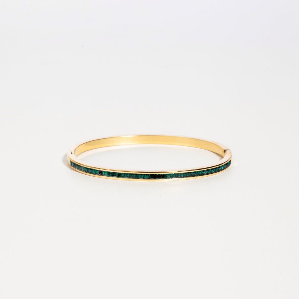 pulsera zirconia verde, pulsera elegante mujer, pulsera chapa de oro 18K,  pulsera acero inoxidable mujer, pulsera con zirconias brillantes, pulsera de lujo accesible