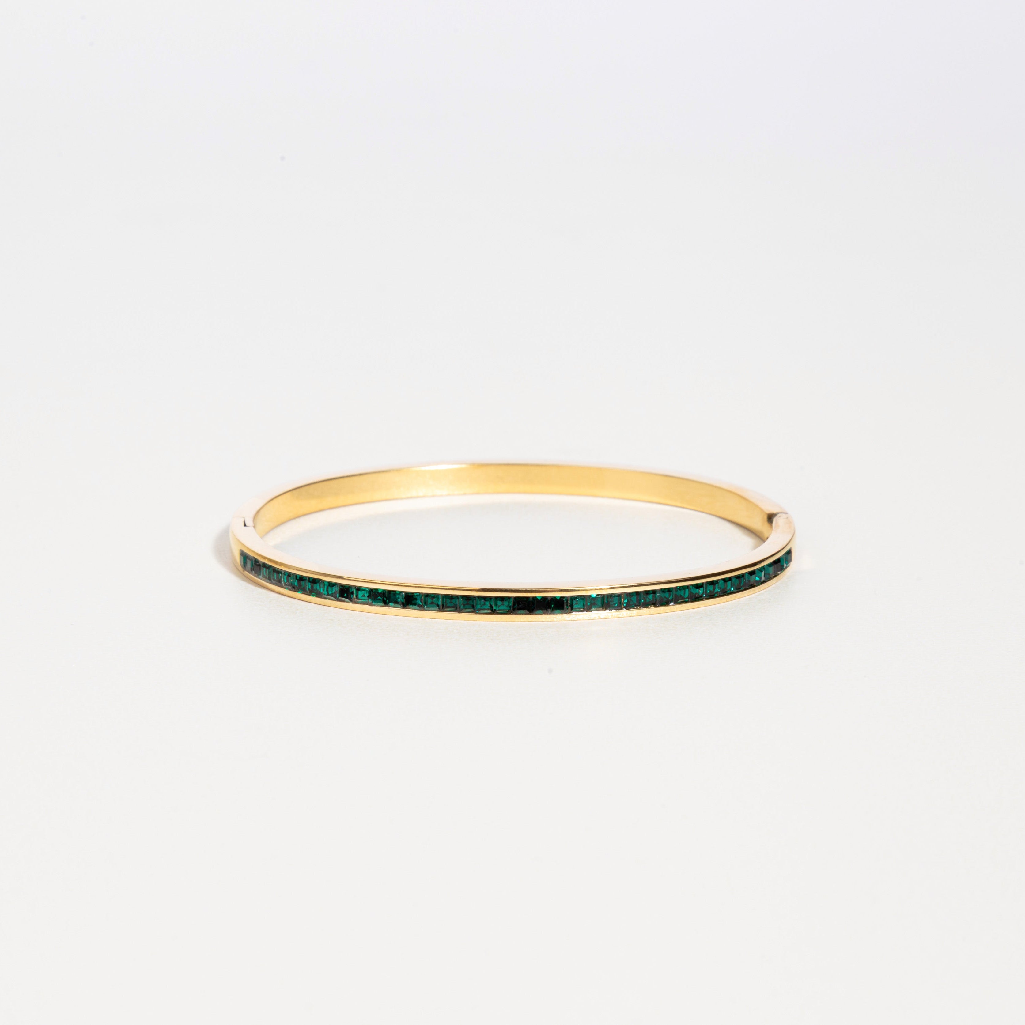 pulsera zirconia verde, pulsera elegante mujer, pulsera chapa de oro 18K,  pulsera acero inoxidable mujer, pulsera con zirconias brillantes, pulsera de lujo accesible