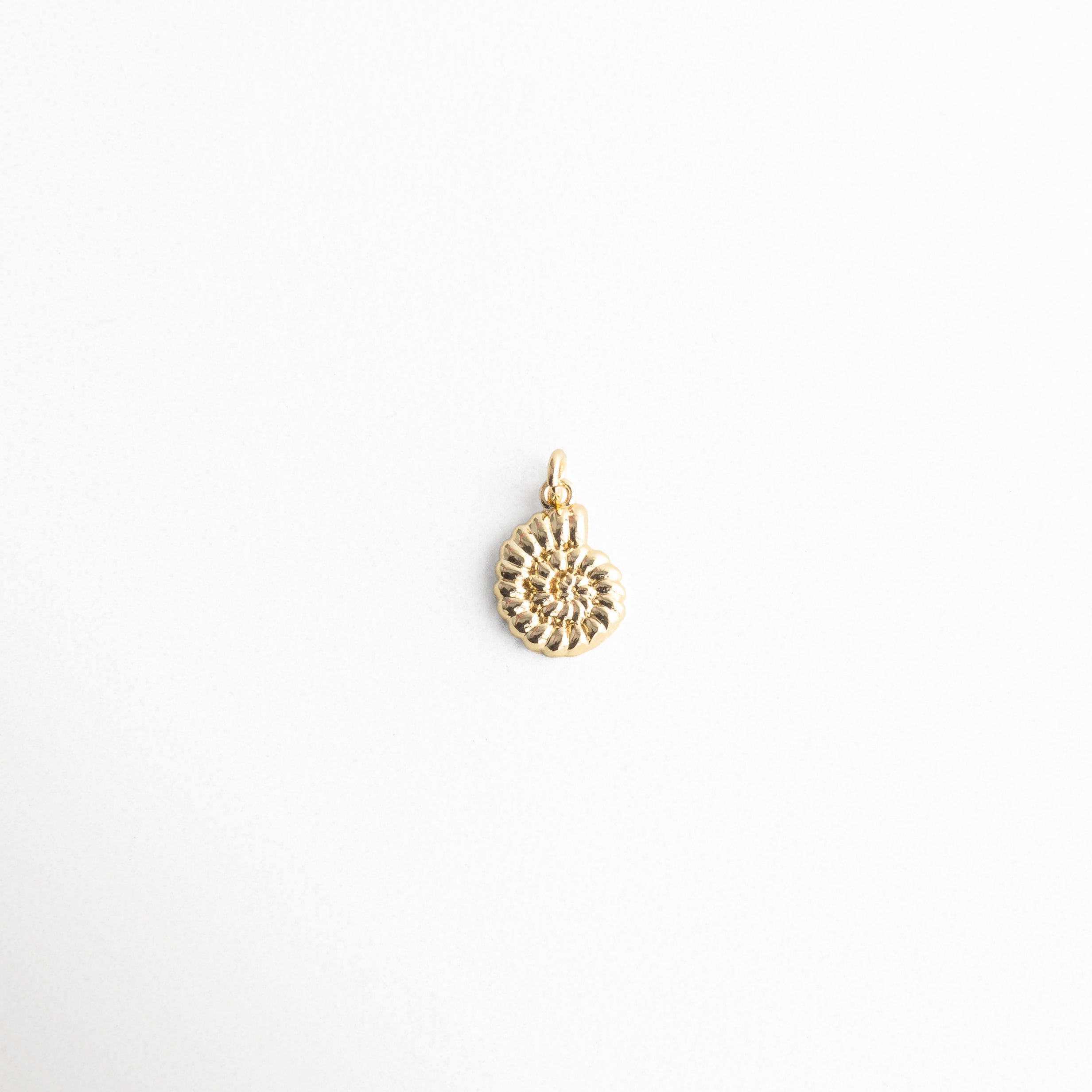Charm dorado en forma de concha espiral con textura detallada, diseño inspirado en el mar y la naturaleza, colgante elegante y versátil ideal para quienes buscan un toque playero y sofisticado en su estilo