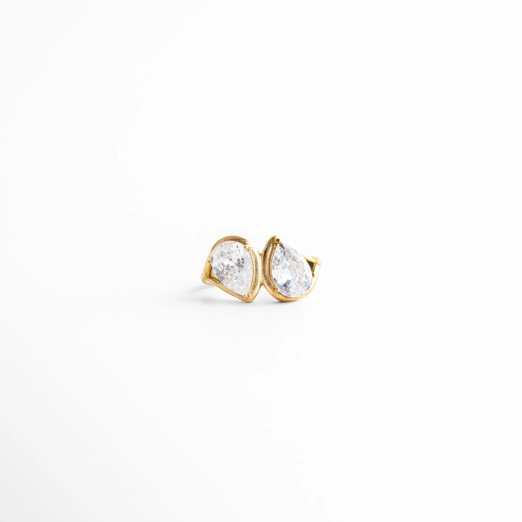 Anillo Blake dorado con zirconias brillantes y diseño elegante, Anillo de acero de titanio con baño en oro 18K y piedras zirconia, Anillo femenino con zirconias y acabado dorado sofisticado, Anillo elegante con diseño moderno y detalles brillantes, Anillo dorado con zirconias y estructura delicada