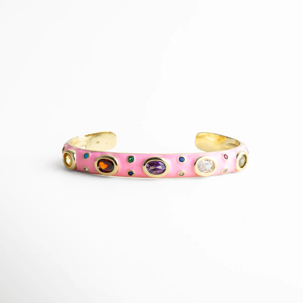 Pulsera rosa esmaltada con zirconias multicolor enchapado en oro 18K elegante mujer, Pulsera Mingles rosa con piedras multicolor diseño moderno y vibrante, Pulsera femenina rosa con zirconias cúbicas multicolor estilo elegante, Joyería colorida pulsera esmaltada rosa con detalles brillantes mujer, Pulsera moderna rosa con incrustaciones multicolor acabado dorado elegante